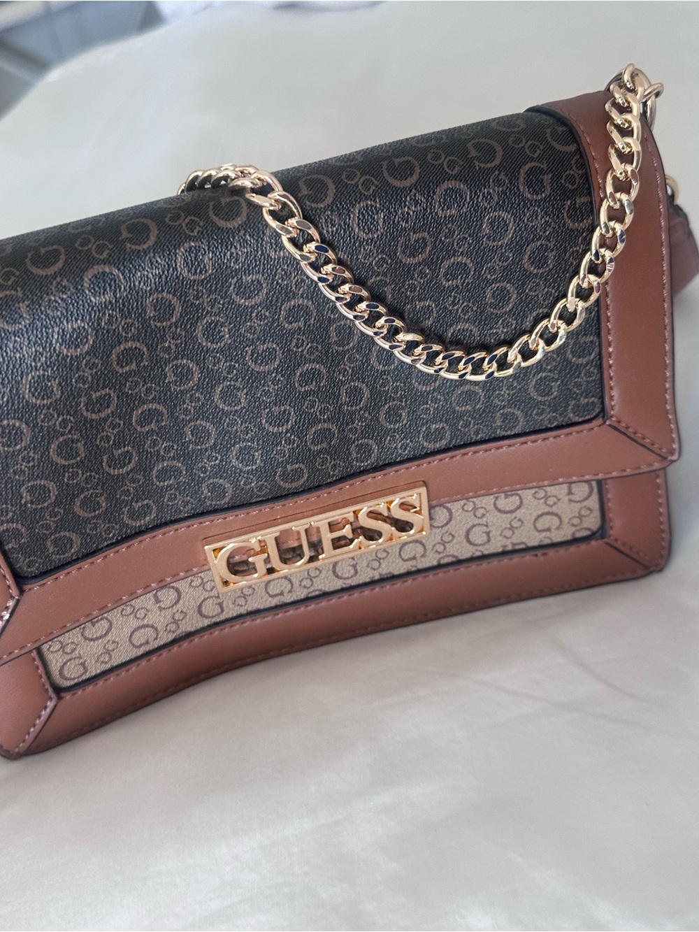GUESS Brown and Black Logo-Print Crossbody with Gold Hardware - Picture 5 of 10